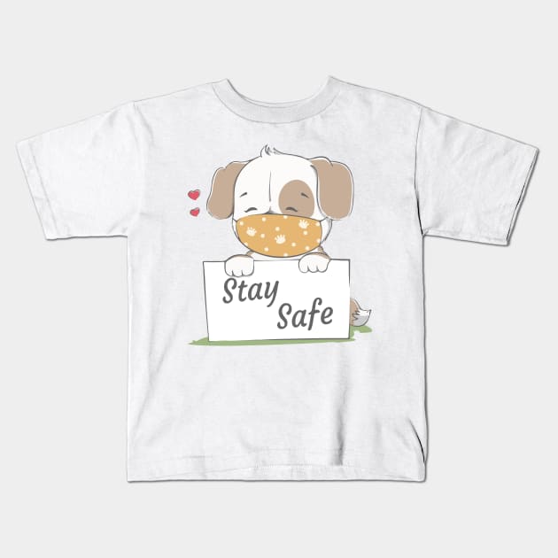 stay safe message with cute dog wearing face mask cartoon hand drawn Kids T-Shirt by Spring Moon